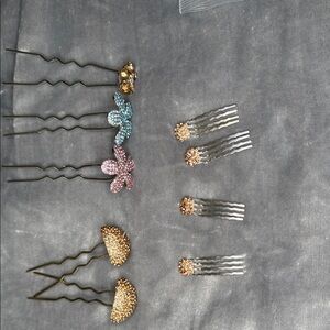 Crystal Flower & Gold Hair Pin Set - Multicolor